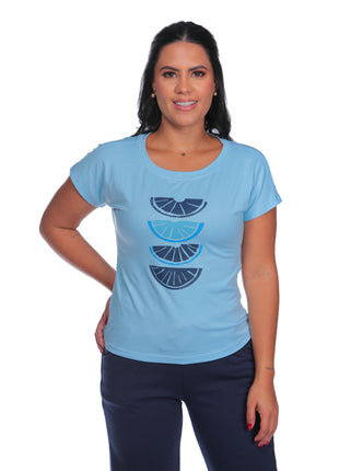 23376B Camiseta silueta ajustada, mangas rodadas, estampado tropical.