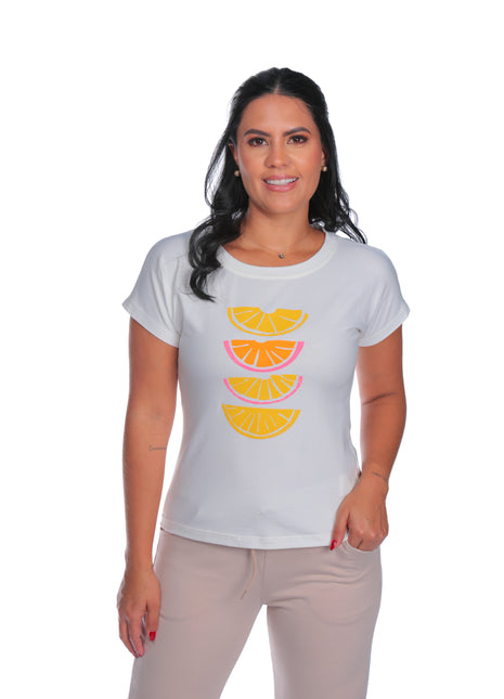 23376B Camiseta silueta ajustada, mangas rodadas, estampado tropical.