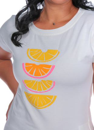23376B Camiseta silueta ajustada, mangas rodadas, estampado tropical.