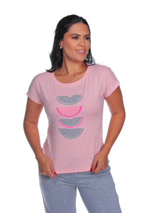 23376B Camiseta silueta ajustada, mangas rodadas, estampado tropical.