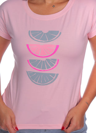 23376B Camiseta silueta ajustada, mangas rodadas, estampado tropical.