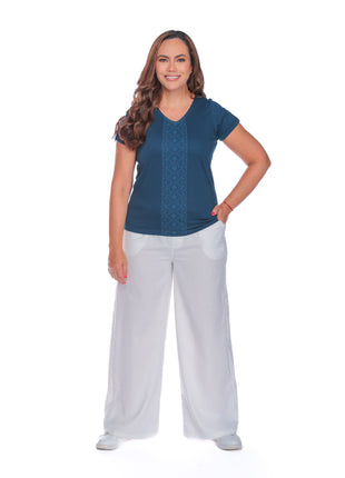 43605M Pantalón silueta amplia, pretina resortada, tela fresca, textura lino.