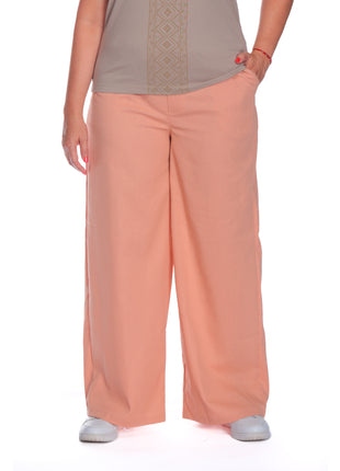 43605M Pantalón silueta amplia, pretina resortada, tela fresca, textura lino.