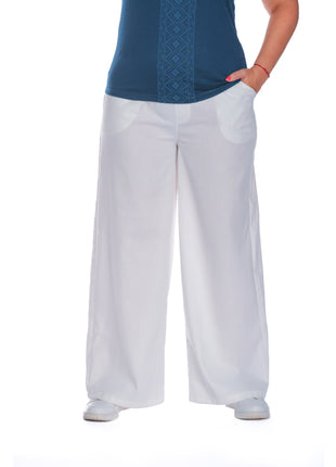 43605M Pantalón silueta amplia, pretina resortada, tela fresca, textura lino.