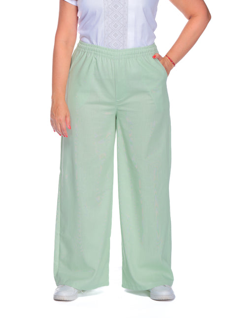 43605M Pantalón silueta amplia, pretina resortada, tela fresca, textura lino.